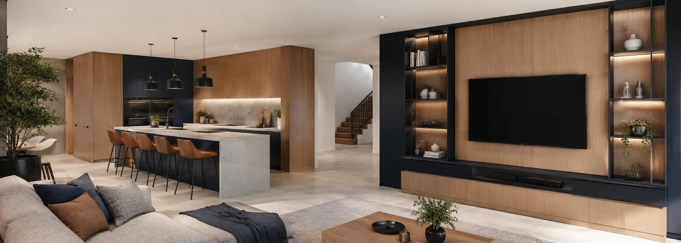 Living y cocina de un departamento amueblado por completo en roble y azul noche